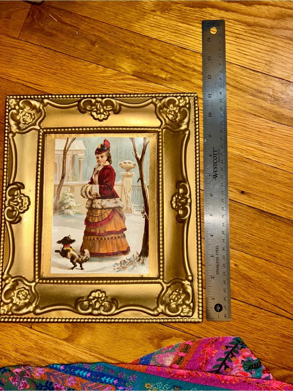 Vintage/antique 5d ornate framed print of a Victorian woman w/ her dog